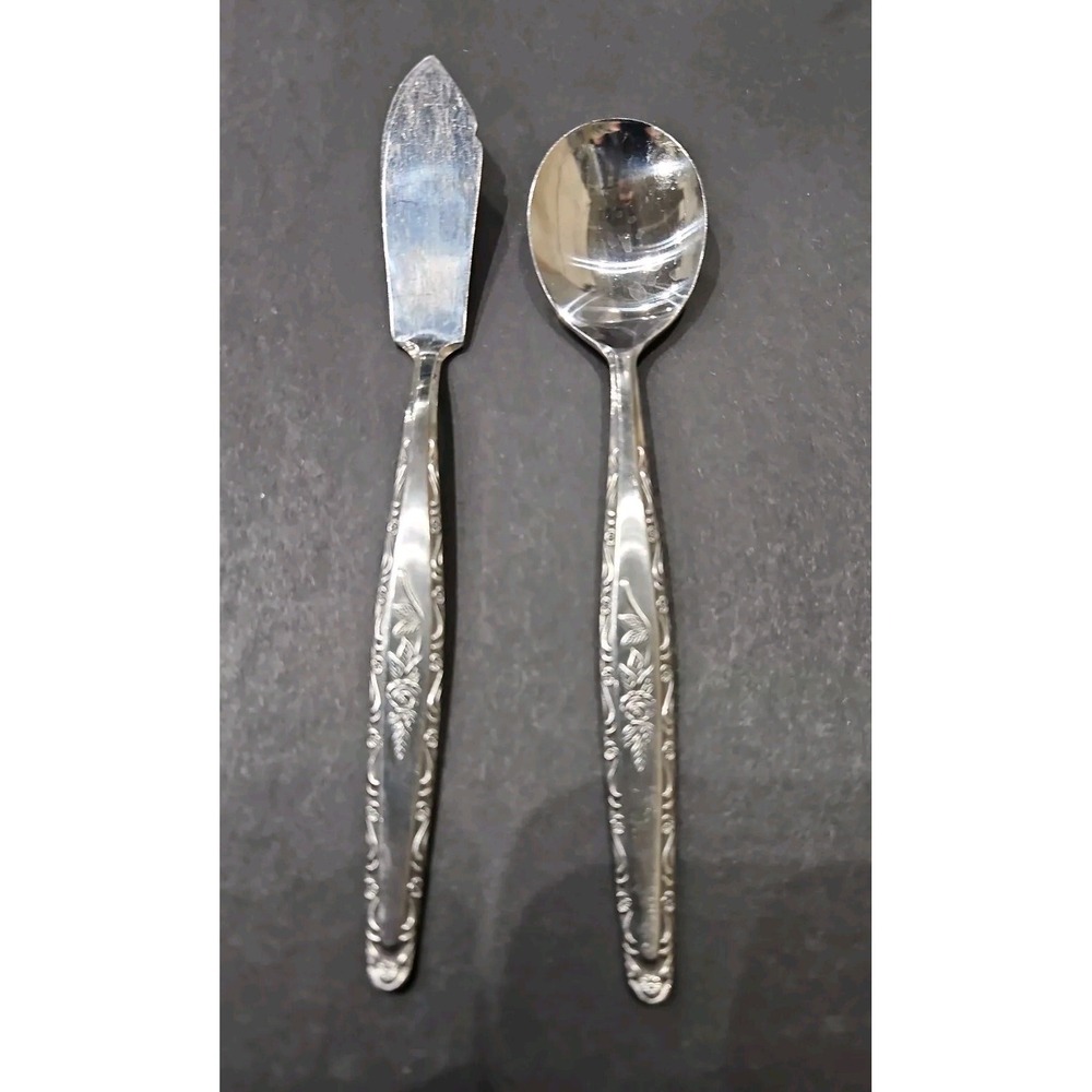 T&B Stylecraft Sugar Spoon & Butter Knife‎ Japan Vintage Single Rose Stainless